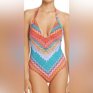Heidi Klum Swim Antaria Chevron One Piece Swimsuit Women Size L US 10 Halter Mul